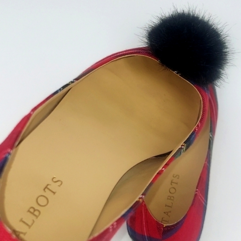 Talbots Edison Tartan Plaid Faux Fur Pom Pom Flats 8.5 - Picture 8 of 15
